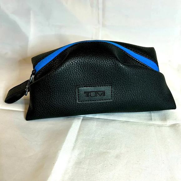 Tumi Handbags - TUMI Zippered Travel Pouch.  Black/Blue.  Black Pebbled Leather.  NWOT